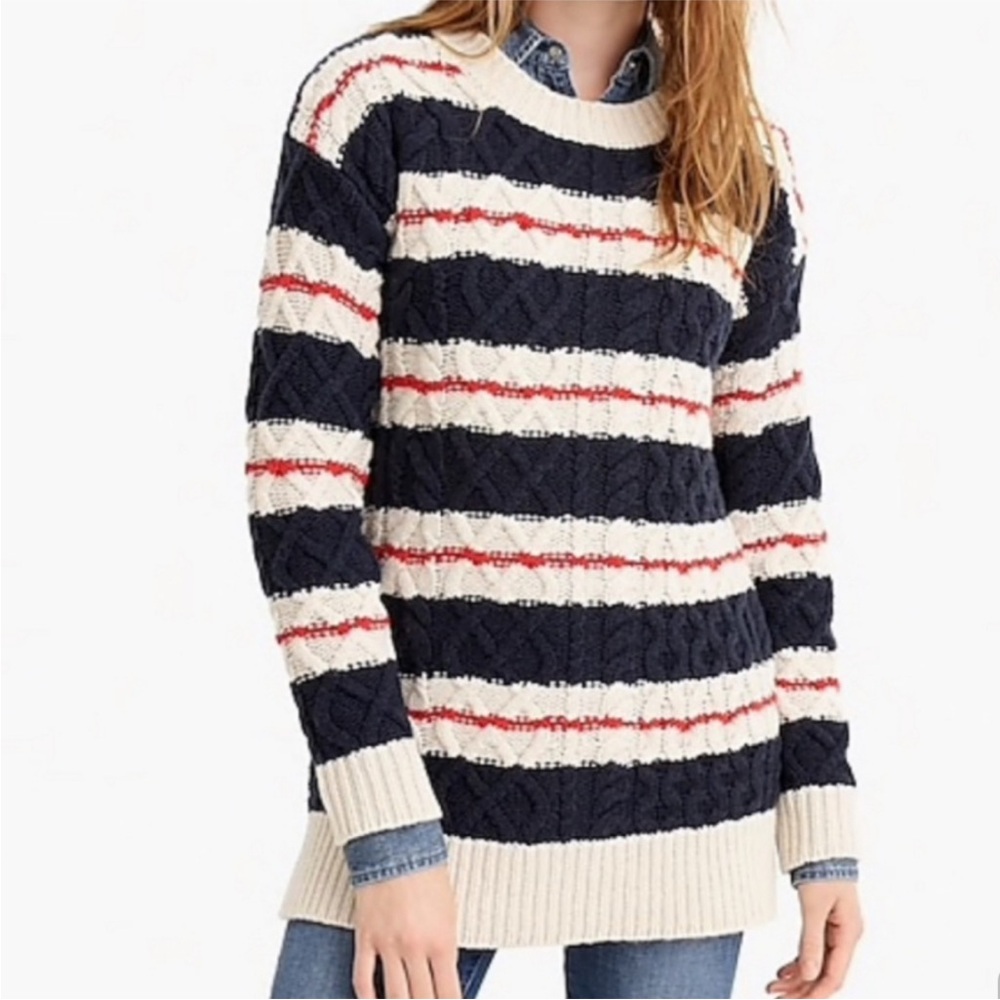 J. Crew Blue Stripe Merino Wool Blend Gabby Cable Knit Tunic Sweater  MEDIUM NWT - Picture 5 of 10